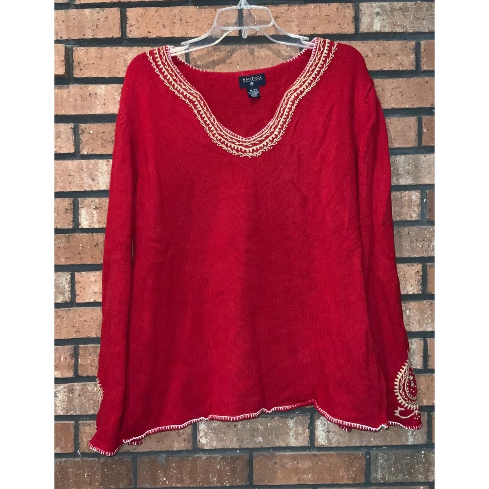 Nautica Jeans Co Womens Red Sweater Embroidered Bell Sleeves 100% Cotton Size XL